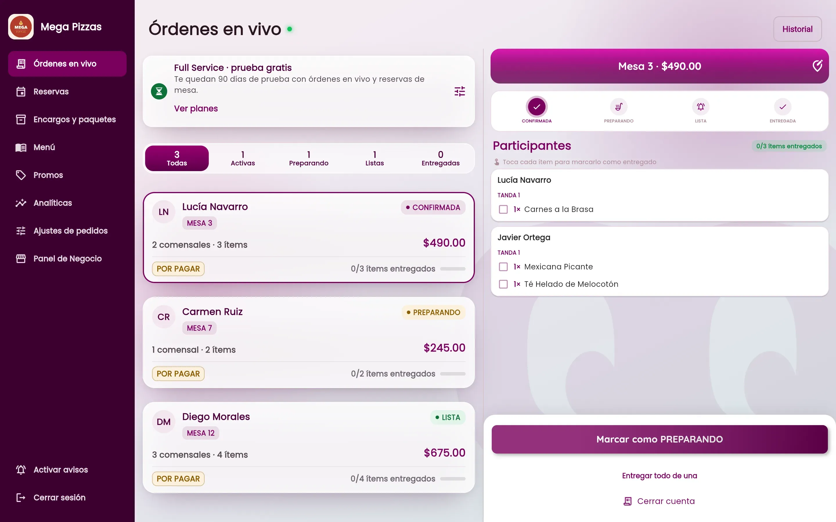 El panel web de Foodly con los pedidos en vivo de un restaurante