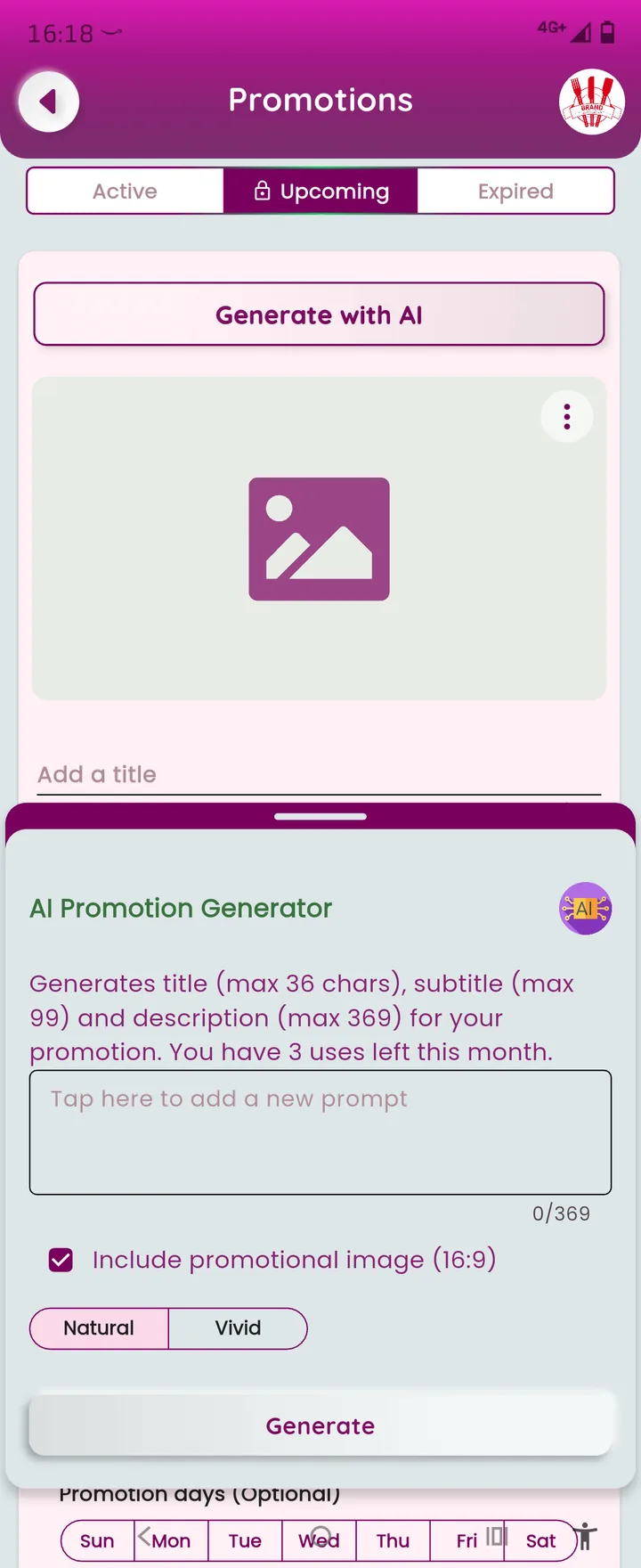 Foodly AI promotion generator creating promotional content