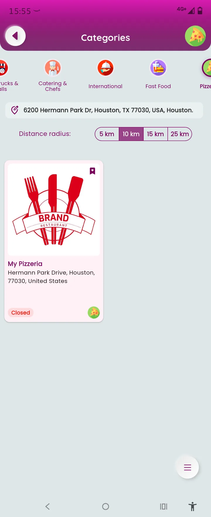 Foodly discovery screen with category filters and distance radius