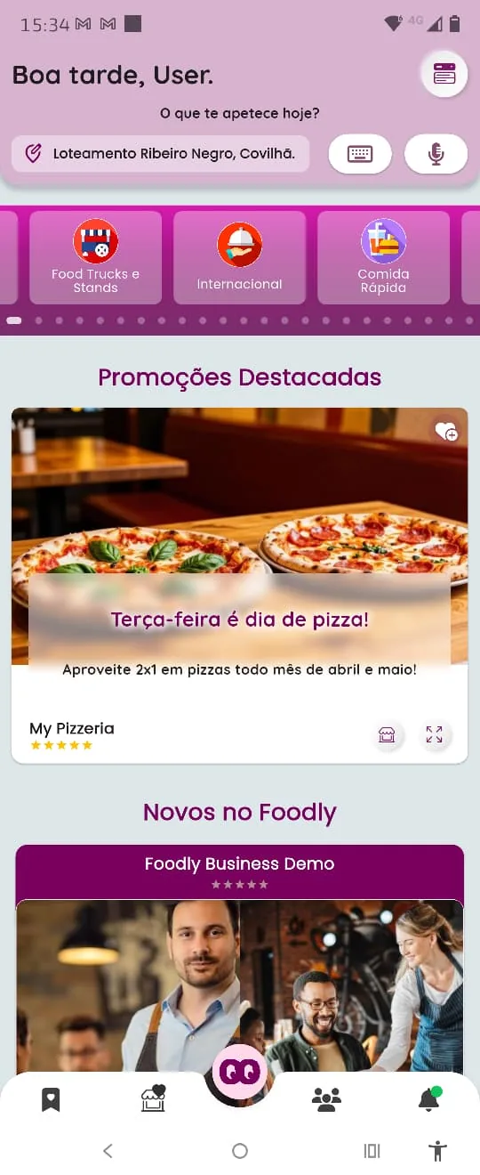 Foodly app home screen showing nearby restaurant discovery and featured promotions