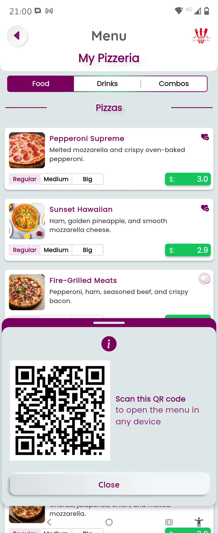 Foodly digital menu with QR code sharing