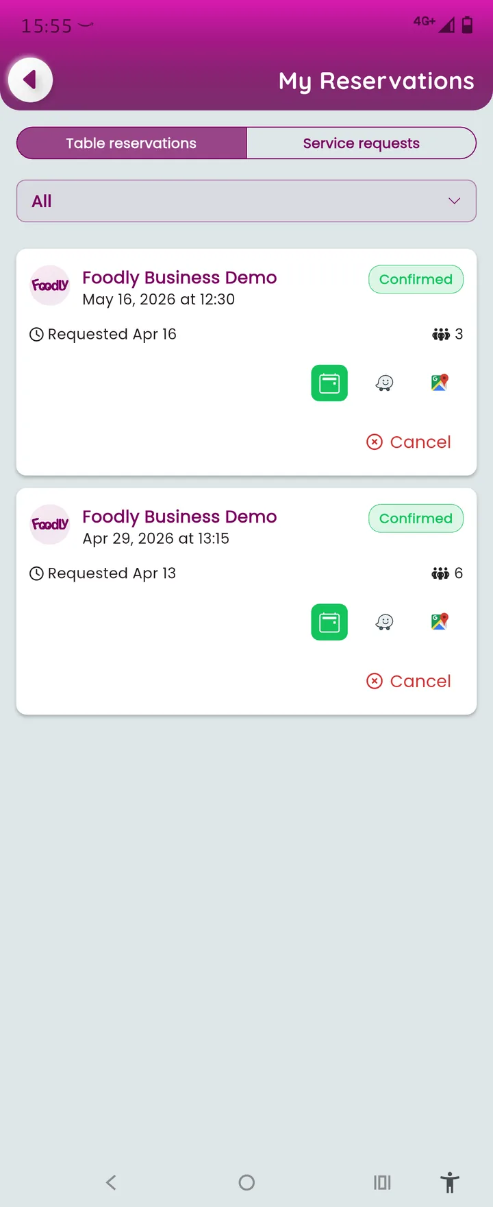 Foodly reservations screen with confirmed bookings